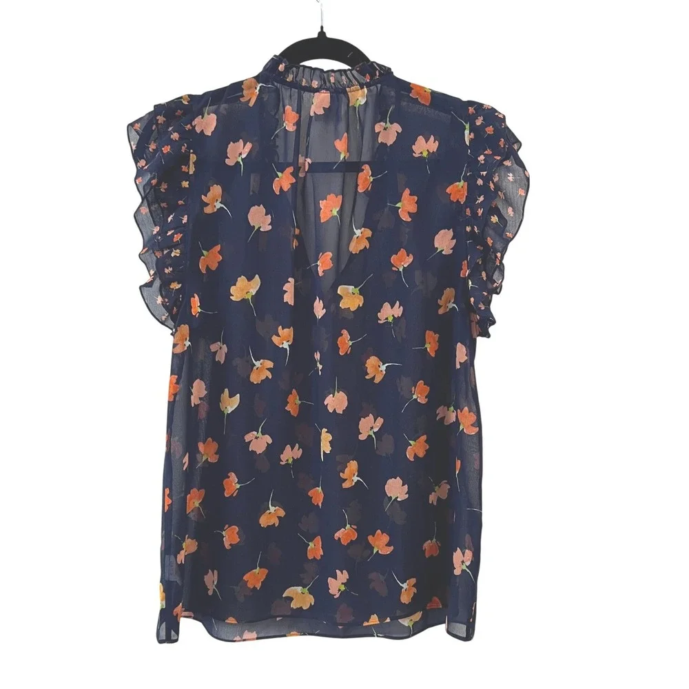 Cabi Sunset Kiss Spring Blouse Navy Blue Floral Ruffle Cap Sleeve Top Small - Picture 2 of 8